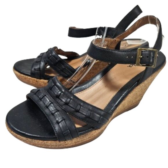 Clarks Black Sandal Cork Wedges Heels Women's Size 9 26069293 - Picture 1 of 9